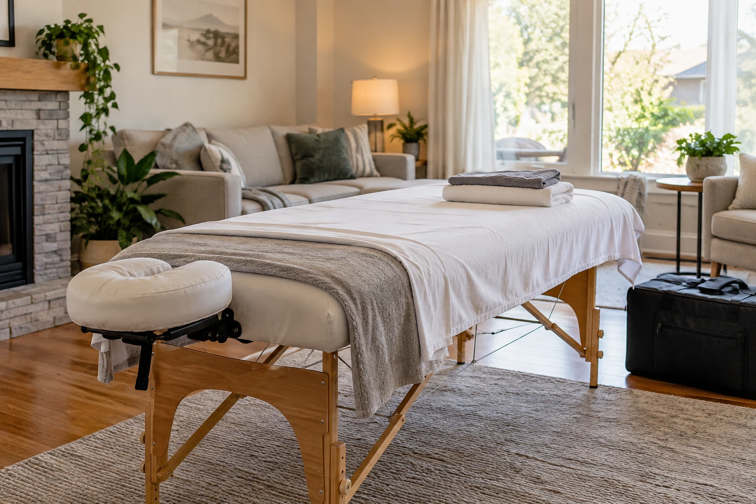 A portable massage table set up in a bright living room, with towels, a face cradle, and a carry case
